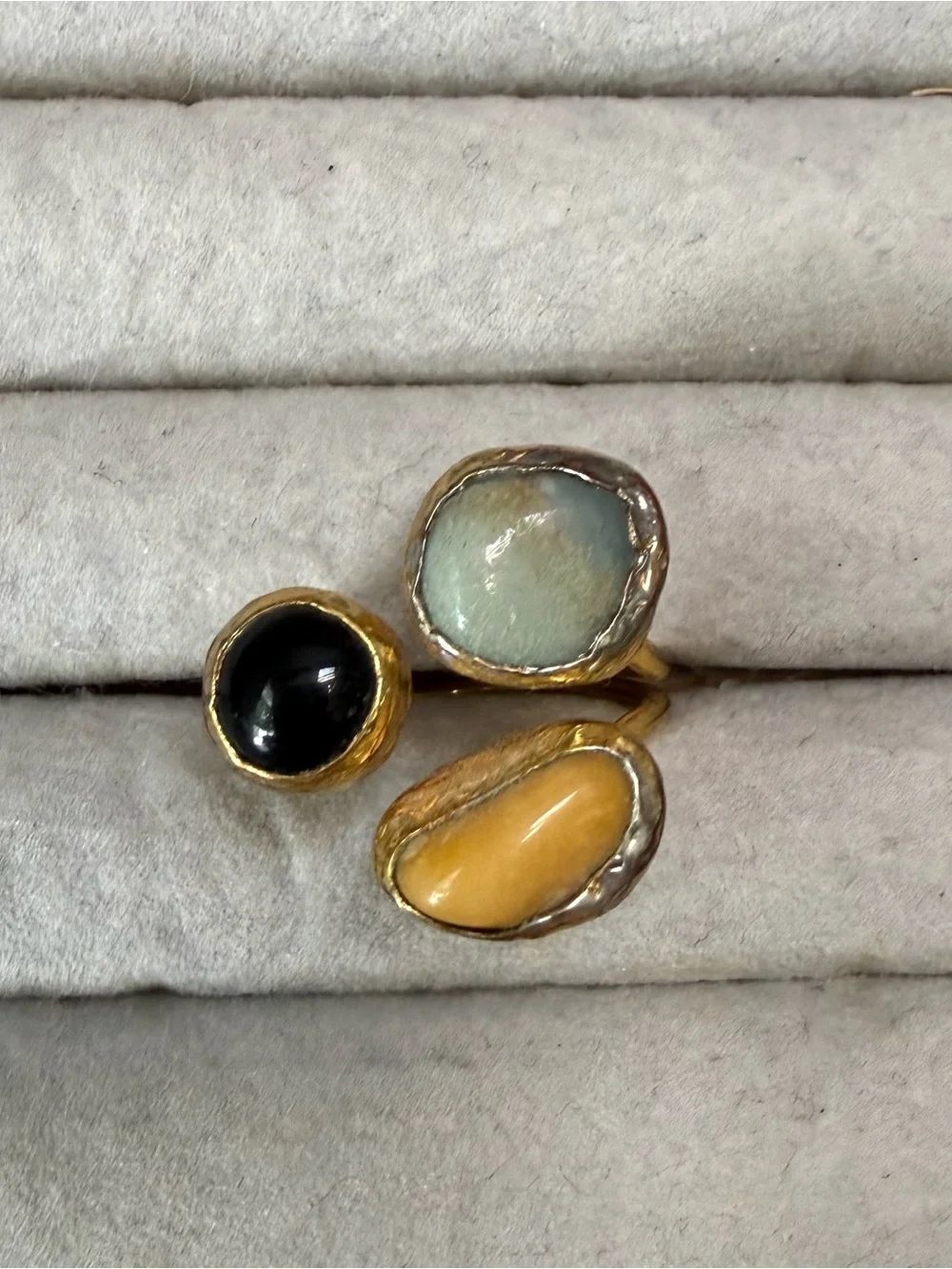 Gold-Tone Triple Stone Women’s Ring with Black, Aqua and Amber Stones
